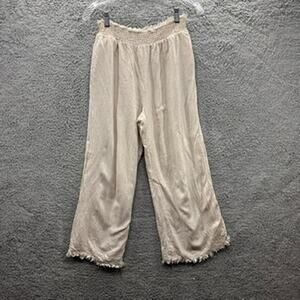 Solai Women's Medium Linen Blend Cropped Straight Leg Pants Raw Hem‎ Lined